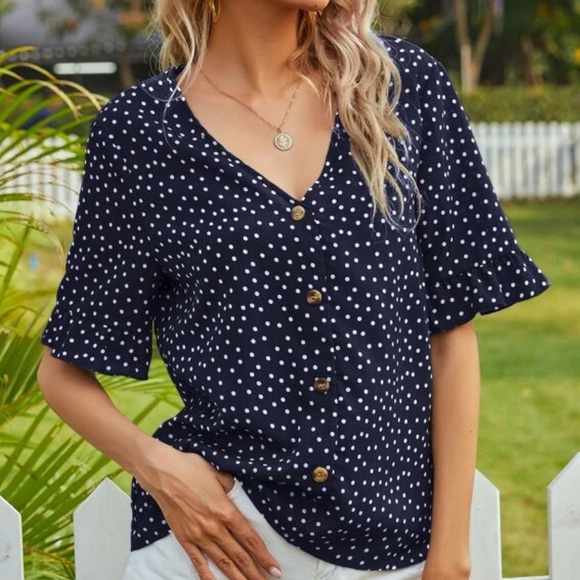 NAVY BLUE POLKA DOT BLOUSE - Picture 3 of 3
